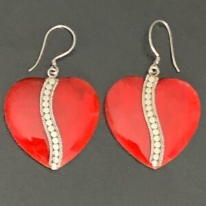 925 Sterling Silver Red Heart Coral Earrings